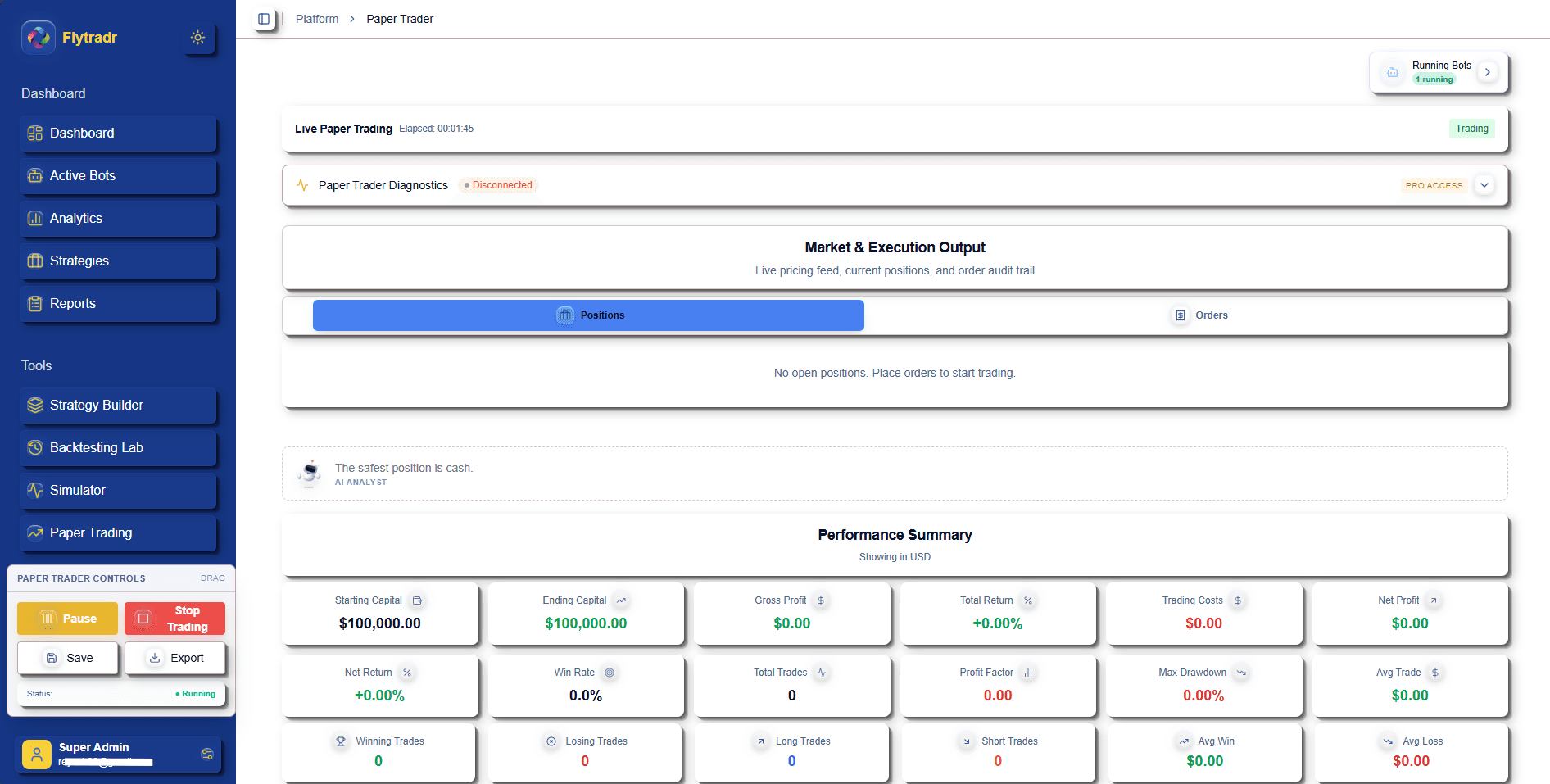 FlyTradr paper trading platform showing live positions, orders, and performance monitoring with virtual capital