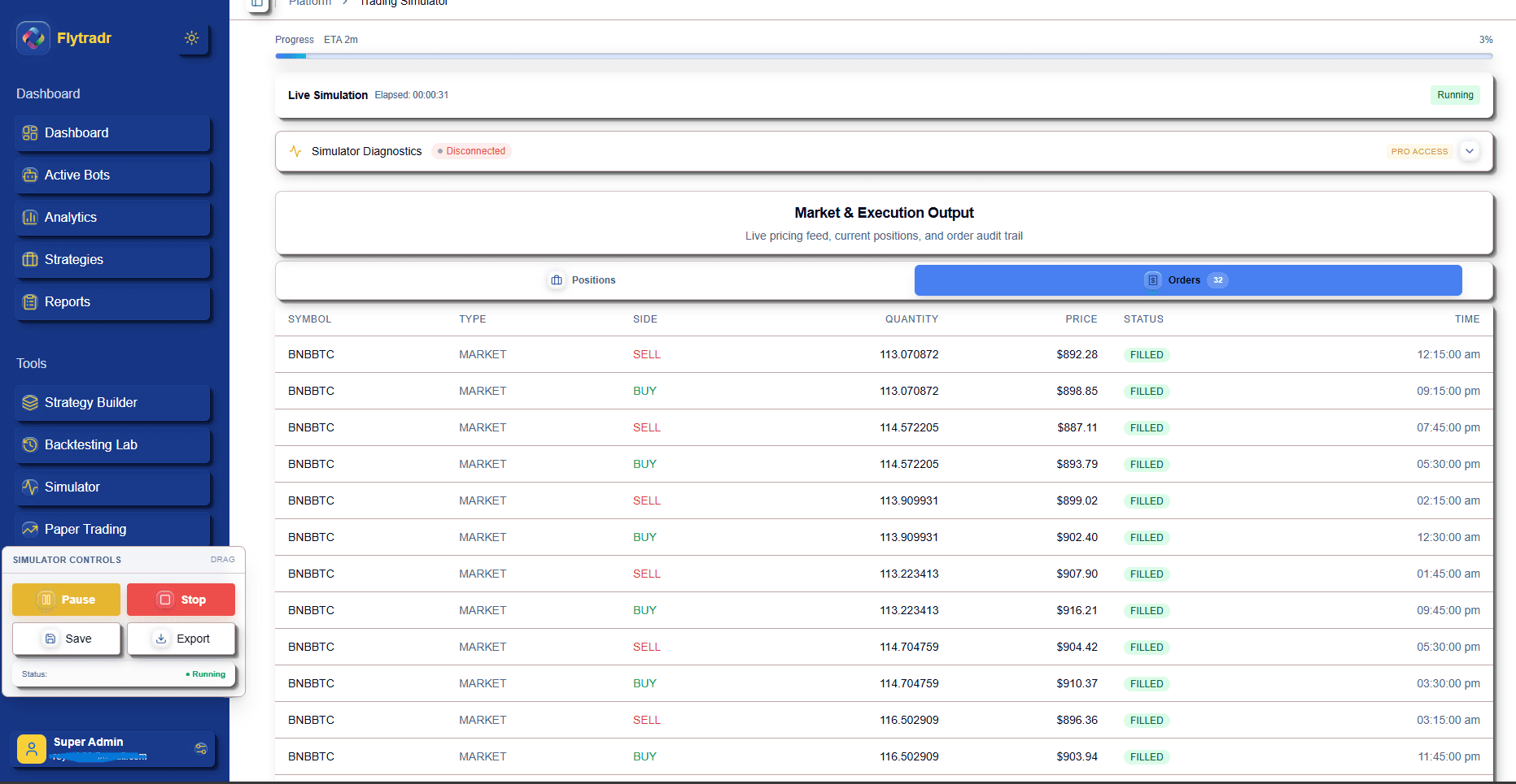 FlyTradr trading simulator with bar-by-bar market replay controls and strategy execution visualization