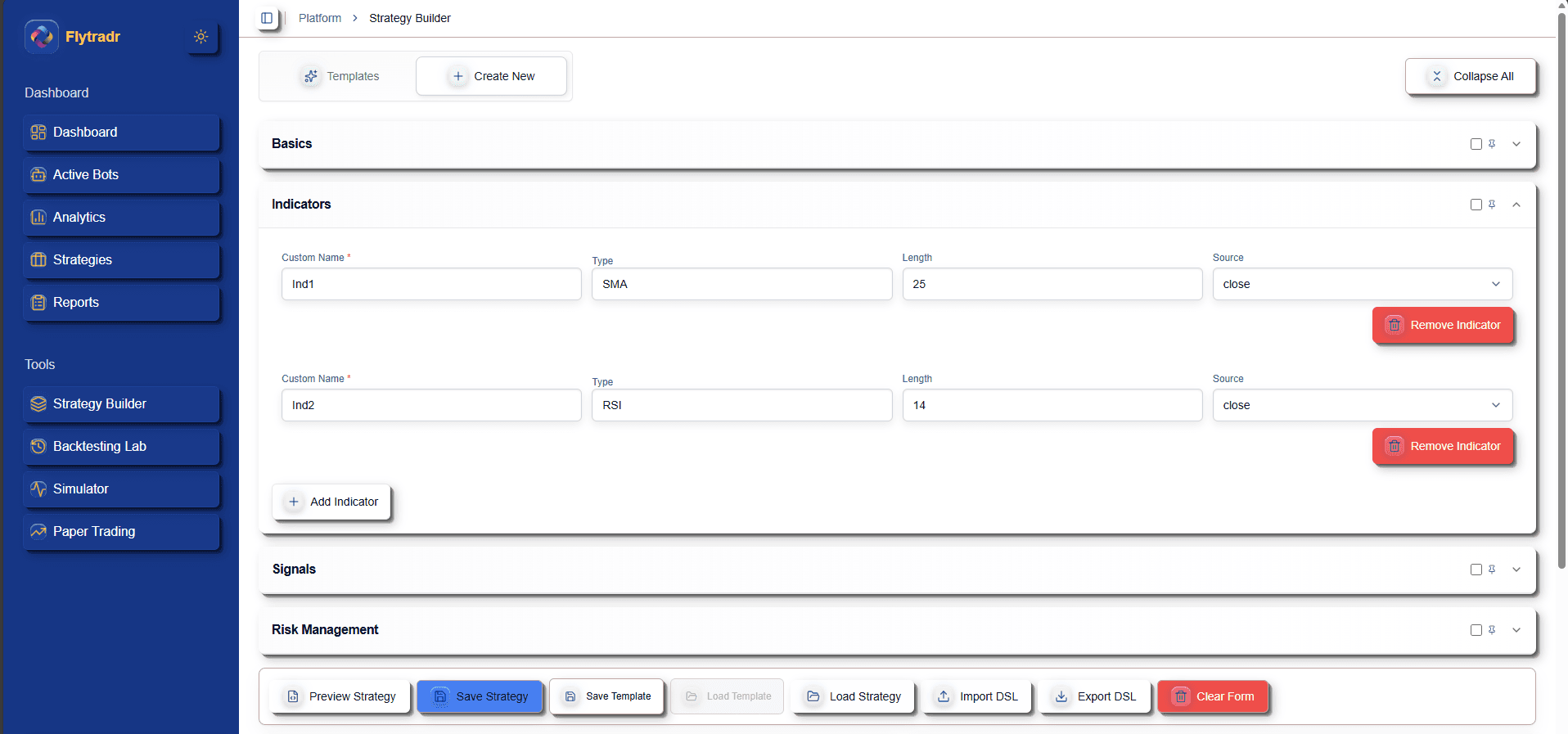 FlyTradr no-code strategy builder showing visual rule configuration with indicators and entry/exit conditions
